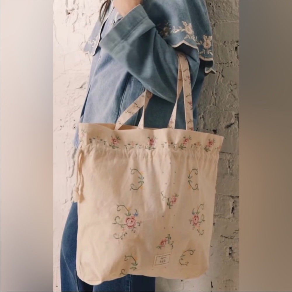 Sézane x Sea New York Floral Embroidered Cream Tote Bag
